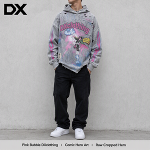 Sudadera Corta Personalizada con Letras Gráficas de Héroes de Cómics en Gris Jaspeado, Estilo Desgastado, 380 g/m², para Marcas, Fabricante OEM ODM - Product Image 3