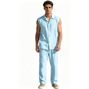 Ensemble 2 pièces <span class=keywords><strong>chemise</strong></span> sans manches boutonnée et <span class=keywords><strong>pantalon</strong></span> en mélange de lin pour <span class=keywords><strong>homme</strong></span> Sehe Fashion - Product Image 1