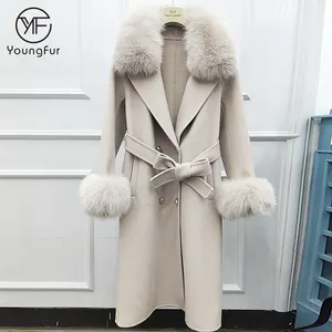 Sıcak satış 100% kaşmir ceket kadın kemer tilki kürk Trim çift yüzlü yün ceket
