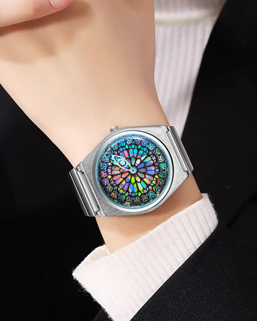 New Arrival Colorful Stained Glass Dial Watch Stainless Steel Band Vintage Art Deco Style Wristwatch for Men Women