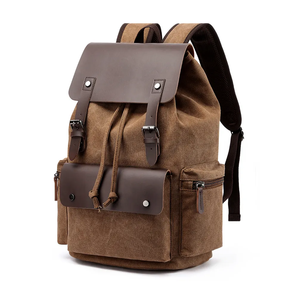 Mochila de couro personalizada, mochila traseira vintage de café, masculina, de cordão, hipster, para homens, escola
