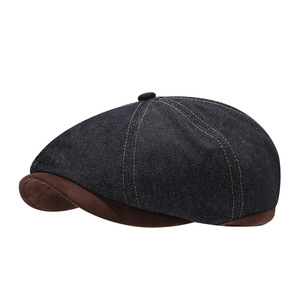 Unisex Denim <b>Flat</b> Cap Dark Blue Cotton Breathable Spring Autumn Shade <b>Hat</b> - Product Image 1