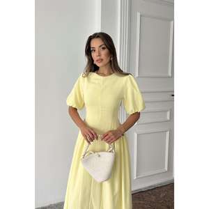 Yellow A-Line Linen Dress O-Neck Puff Sleeve Breathable <b>Wrap</b> <b>Tie</b> Midi Length Women's Dress - Product Image 2