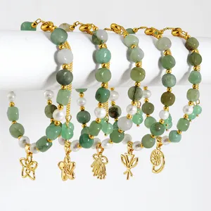 Hot selling irregular natural stone 14k gold plating flower charms adjustable green jade and pearl bracelet