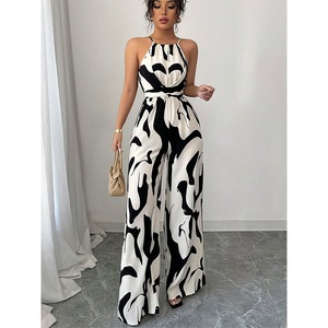 Mono de Mujer con Cordón Ajustable en la Cintura, Estampado, sin Mangas, Estilo Primavera, Pierna Ancha, Elástico en Cuatro Direcciones, Gran Venta - Product Image 1