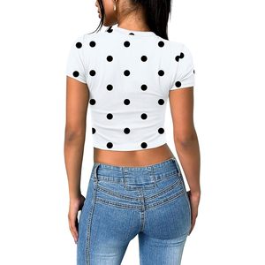 White Polka Dot <b>Crop</b> <b>Top</b> Women Short Sleeve Breathable Fashion Shirt Y2K Summer Outfit Beach Vacation Wear L - Product Image 5