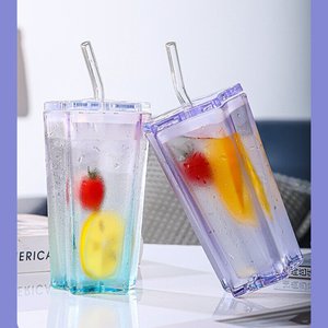 Tazza da <span class=keywords><strong>Caffè</strong></span> in Vetro Colorato con Stella a Cinque Punte, Bicchiere per Bevande Fredde con Coperchio e Cannuccia - Product Image 5