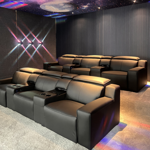 بيع مباشر كرسي أريكة مسرح منزلي جلد أسود مقعد كهربائي أحدث تصميم كرسي مسرح سينمائي مع مسند رأس كهربائي - Product Image 1