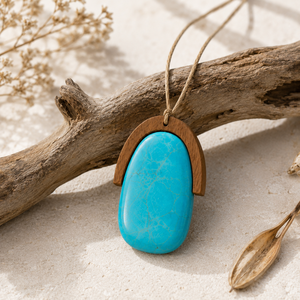 Rikka Jewellry Natural Turquoise Geometric Wooden Frame Pendant Necklace <b>Rope</b> <b>Chain</b> Bohemian Style Oval Stone Women's Jewelry - Product Image 4