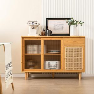 Buffet LOKO moderne en bambou avec portes coulissantes en verre trempé et portes en rotin, bar à café bohème pour salon - Product Image 4