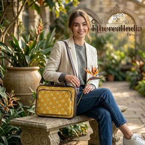 Bolso para portátil con estampado de bloques verdes, hecho a mano, de algodón, bolso de oficina con correa, bolso de mensajero étnico para el trabajo. - Product Image 2