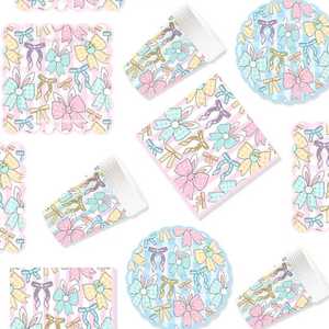 DAMAI - Vajilla de Papel para Fiesta de Pascua, Platos, Vasos, Servilletas, Lazo Rosa y Diseño Floral Primaveral, para 8 Personas - Product Image 4