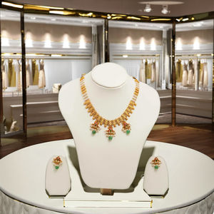 Collier traditionnel en or 22 carats serti de perles et de pierres vertes Parure de bijoux de mariée indienne - Product Image 3