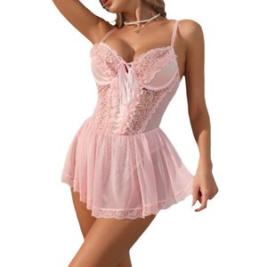 Best-selling Mesh Hollow Bow Lace Halter Sexy Transparent Dress Set for <b>Women</b> With Sexy Lace Bra & Underwear - Product Image 6