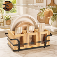 Organisateur d'ustensiles de cuisine en bois avec couvercle en acrylique, porte-serviettes en papier, plateau à couverts et distributeur d'assiettes en carton pour cuillères et fourchettes