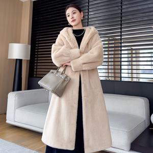 Women's Slim Velvet Faux Mink Fur <strong>Trench</strong> <strong>Coat</strong>-Long Full Hooded Eco-Conscious Luxury <strong>Coat</strong> - Product Image 4