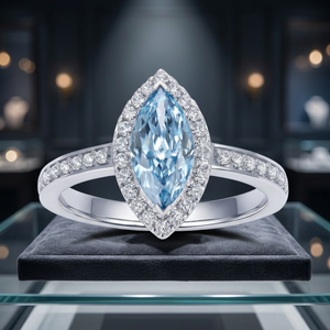 14k White Gold Marquise Cut Blue Diamond Engagement Ring with Diamond Halo and Side Stones <b>for</b> Women Classic Style IGI Certified - Product Image 2