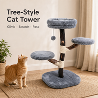 Arbre à chat minimaliste en bois massif Fancie FQPJ1052, tronc en bois naturel, corde en sisal, trois plateformes en peluche pour chats