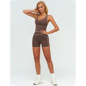 Two Piece Workout Set Women Racerback Tank <b>Top</b> High Waist Shorts Gym Yoga Outfit Contrast Binding Breathable Spandex Polyester - Product Image 6