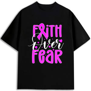 Camiseta de Mujer con Lazo Rosa 'Faith Over Fear', 100% Algodón, Corte Regular, Cuello Redondo, Manga Corta, Diseño Estampado - Product Image 1