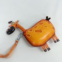Porte-monnaie en cuir véritable vintage fait à la main en forme de girafe avec fermeture éclair imperméable, porte-monnaie en forme d'animal avec fermeture à cordon pour un usage quotidien, pour femmes