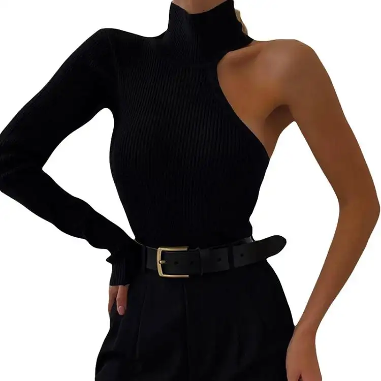 new arrivals fashion cut out one sleeve slim fit knit bodysuit tops high neck one shoulder black bodysuits women
