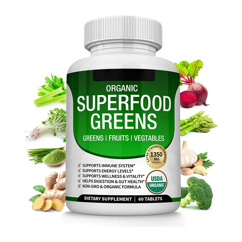 Verdes Super orgânicos Cápsulas Superfood Fruit Veggie Suplemento ingredientes naturais poderosos com alfafa
