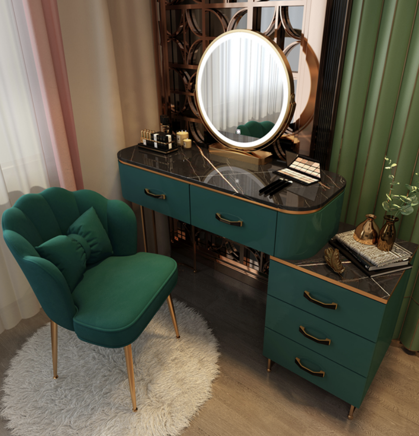 green emerald velvet dress 1950's Vintage Pleat Green Dressing Table with Mirror and Stool