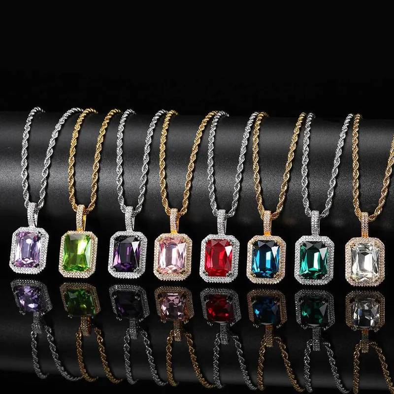 Blues RTS Micro Pave Hip hop Iced Out Square Zircon ruby blue green white Gemstone Diamond Pendant Necklace