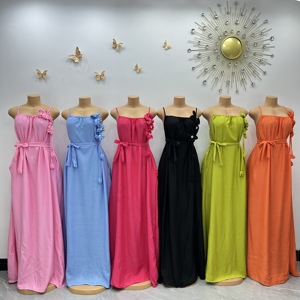 Abito Lungo Estivo Casual da Donna Africana con Spalline Sottili, Tinta Unita, Decorazione Floreale, Vestito Ampio per Vacanze al Mare - Vendita all'Ingrosso - Product Image 1