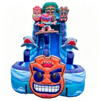 Grand toboggan aquatique gonflable Tiki Totem décoré de requins, pour événements commerciaux, avec piscine, pour enfants et adultes