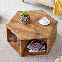 Table basse hexagonale moderne en bois foncé avec design de bord unique et étagère ouverte pour salon, mobilier de maison