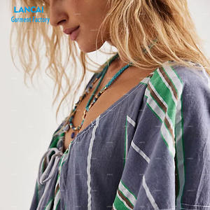 OEM Custom <b>Women</b> Shapeless Relaxed Fit <b>Romper</b> Cotton Striped Print Scoop Neckline Puffy 3/4 Sleeve Casual Style <b>for</b> Summer - Product Image 4