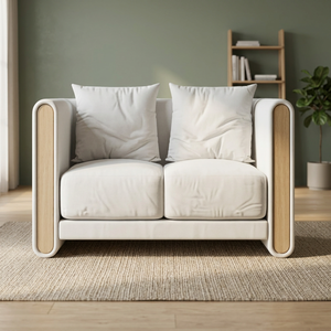 Sofá minimalista de dos plazas con tapicería de tela y brazos de madera para sala de estar - Product Image 3