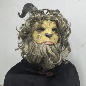 Masque intégral en latex <span class=keywords><strong>de</strong></span> créature féroce, thème amusant et original, peau jaunâtre, cornes foncées, cheveux bouclés, barbe texturée réaliste, doux - Product Image 4