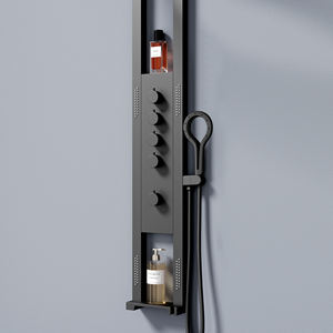 <span class=keywords><strong>Colonne</strong></span> <span class=keywords><strong>de</strong></span> <span class=keywords><strong>douche</strong></span> murale noire mate avec panneau lumineux LED rond, 4 fonctions, jets <span class=keywords><strong>de</strong></span> corps et double étagères <span class=keywords><strong>de</strong></span> <span class=keywords><strong>rangement</strong></span> - Product Image 4