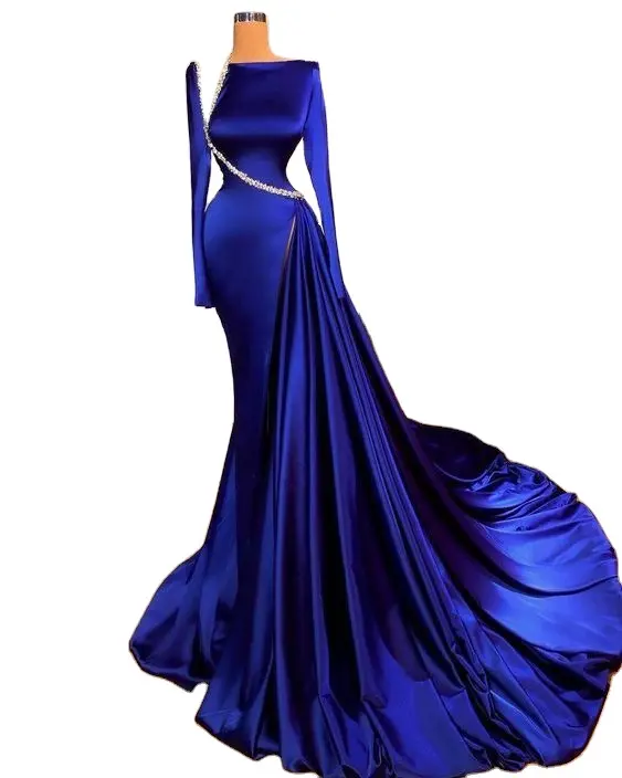 Vestidos de noche largos elegantes modest evening dresses long sleeve royal blue beaded luxury elegant formal party dresses