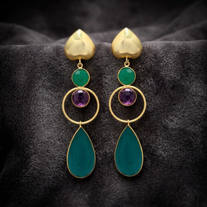Pendiente colgante de piedras preciosas de ónix verde y amatista con pendiente de corazón - Product Image 2