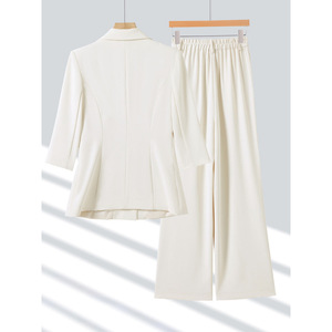 Women's Two Piece Suit Set Mid Sleeve Blazer Wide Leg Pants Formal Workwear Commute Spring Summer Autumn Anti Wrinkle Worsted - Product Image 4