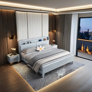 Lit simple moderne en bois avec rangement, grand lit double avec panneau en bois massif pour meubles de chambre d'hôtel et d'appartement - Product Image 1