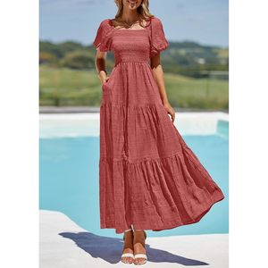 Robe longue d'été pour femme à manches bouffantes, col carré, froncée, à volants, coupe trapèze, respirante et fluide, idéale pour la plage - Product Image 6