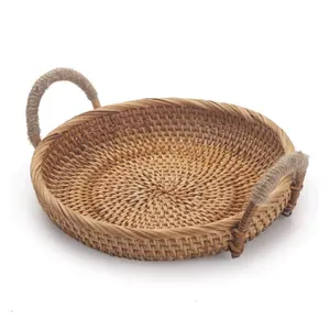 Rodada Rattan Pão Bandeja Vime com Alça Cestas De Frutas para Cozinha Decorativa Contador Natural