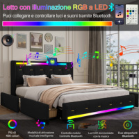 Lit plateforme luxueux en velours avec deux enceintes sans fil intégrées, station de charge, éclairage RGB et rangement sur roulettes