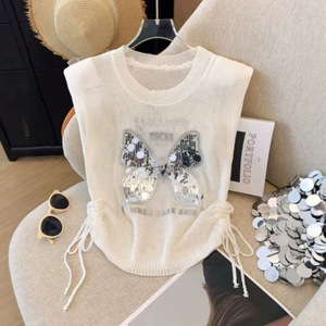 Women Knitted Vest Butterfly <b>Sequin</b> Drawstring Summer <b>Top</b> Khaki White <b>Black</b> Polyester Sweater - Product Image 2