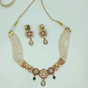 Ensemble de bijoux de mariage pour femmes, collier ras du cou couleur or avec motif floral, pierres roses, perles et boucles d'oreilles pendantes - Product Image 2