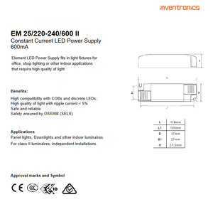 แหล่งจ่ายไฟ LED กระแสคงที่ OSRAMs รุ่น EM 25/220-240/600 II 25W 600mA Class II SELV สำหรับไฟดาวน์ไลท์และไฟแผง - Product Image 2
