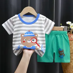 Grosir Setelan Pakaian Bayi Lengan Pendek Katun Musim Panas 100% Setelan Kaus Anak Laki-laki Anak-anak