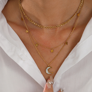 Europa e Stati Uniti moda <span class=keywords><strong>tre</strong></span> strati stella luna oro placcato 18K collana in acciaio inox femminile - Product Image 5