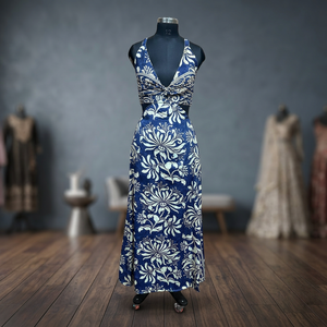 Vestido Maxi Azul Estampado Estilo Boho con Cuello en V para Mujer, Largo hasta el Suelo, Corte Regular, Ropa Casual de Verano para Playa, 100% Seda, Secado Rápido - Product Image 1