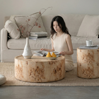 Table basse de style Mid-Century Modern en bois de placage de peuplier naturel, design tambour, pour un décor intérieur organique, ensembles de tables basses